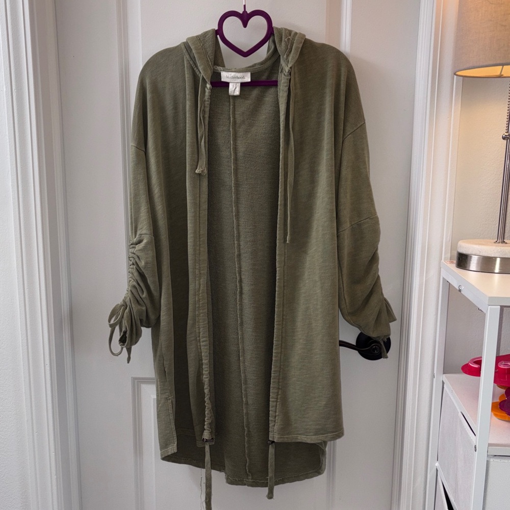 Motherhood Olive Green Hooded Open Utility Jacket with Ruched Sleeves